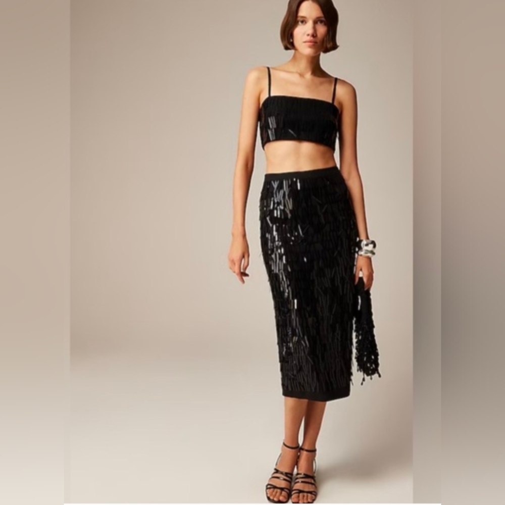 J Crew Collection sequin fringe Midi Skirt & Sequined Top Set Black NWT